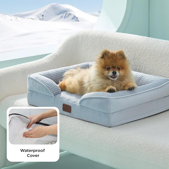 Bedsure Orthopedic Dog Beds for Small Dogs - Washable Small Dog Cat Bed Waterproof, Comfort Pet Couch Sofa with Washable Removable Cover, Pets Bed with Nonskid Bottom, Cooling Blue, 24"