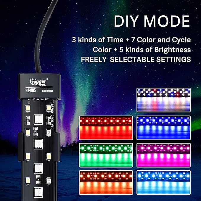 hygger 24/7 Mode Submersible Aquarium LED Light, Full Spectrum Hidden Fish Tank Light with 3 Rows Beads 7 Colors Auto On Off Sunrise-Daylight-Moonlight, Adjustable Timer Brightness 10W