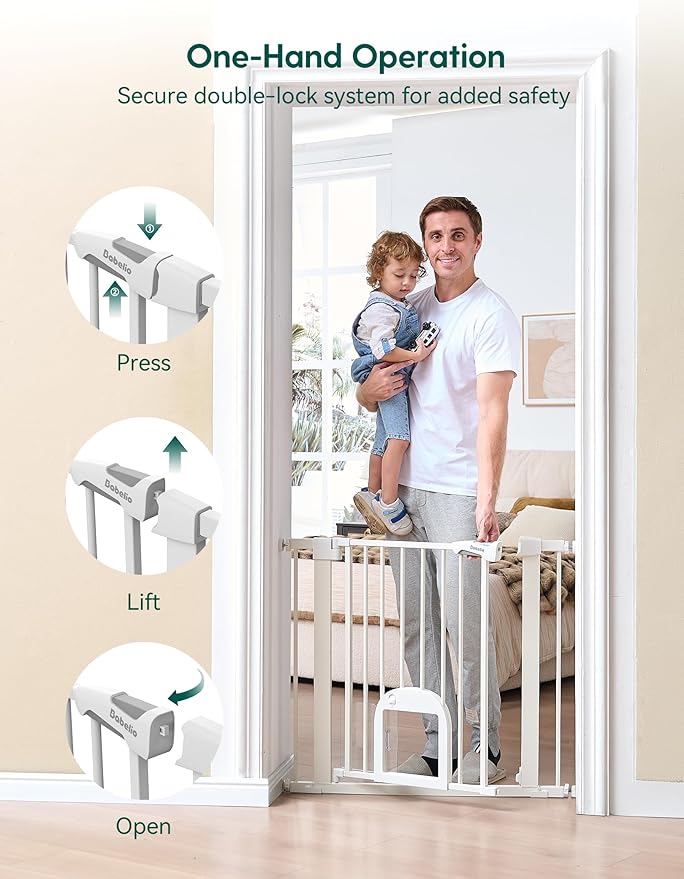 Babelio 29-48" Extra Wide Baby Gate with Adjustable Cat Door,Easy Install Pressure/Hardware Mounted,Auto Close Pet door for Stairs,House,Doorways,Effortless Walk Thru,White