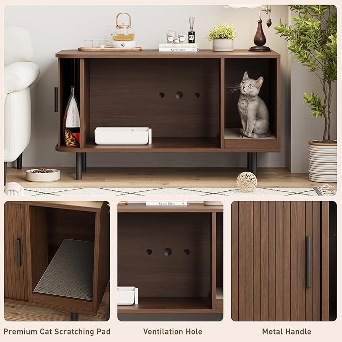 Cat Litter Box Enclosure with Cat Scratch Pad, Sliding Door, 37.4" Litter Box Enclosure Furniture Hidden Litter Box, Modern Indoor Cat House, TV Stand, Side End Table for Living Room, Walnut