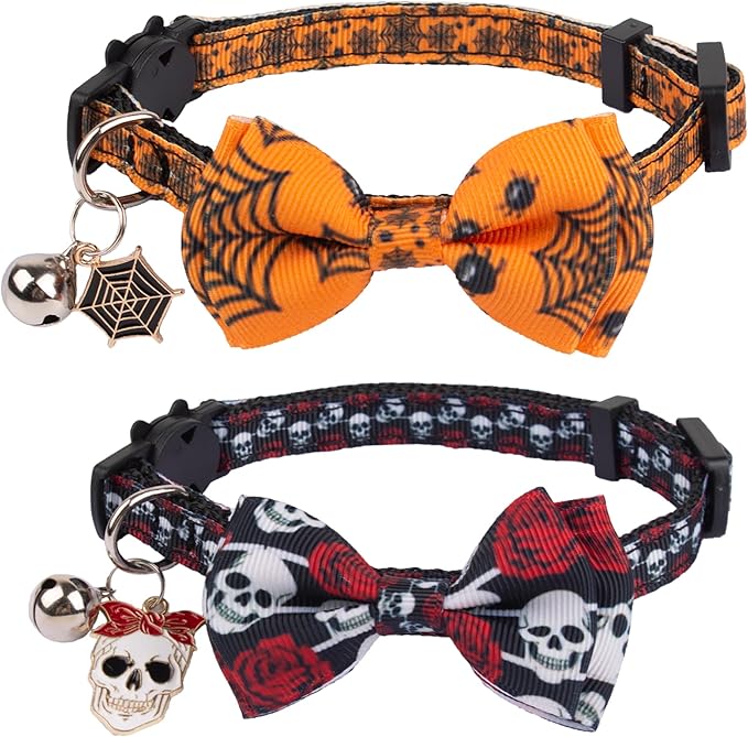 ADOGGYGO Halloween Cat Collars with Bow Bell, Breakaway Kitten Bowtie Collar Spider Web Skull Halloween Collars for Girl Boy Cats Kittens