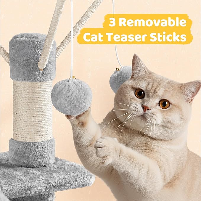 Yaheetech Cat Tree, 67in Large Tower w/ 3 Removable Teaser Sticks, 2 Kitten-Ear Shaped Perches, 2 Condos, Hammock, Scratching Post, Multi Level Pet House, Light Gray