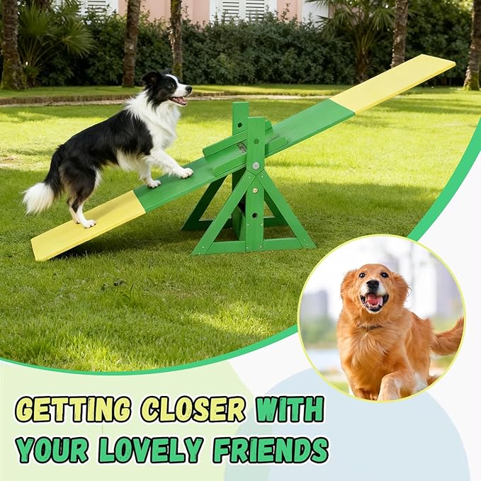 94.5" Adjustable Dog Agility Seesaw 4-Level Height Training Teeter for Small to Large Dogs Sturdy Wooden Dog Agility Equipment with Non-Slip Surface for Backyard Exercise Confidence Course (Seesaw)