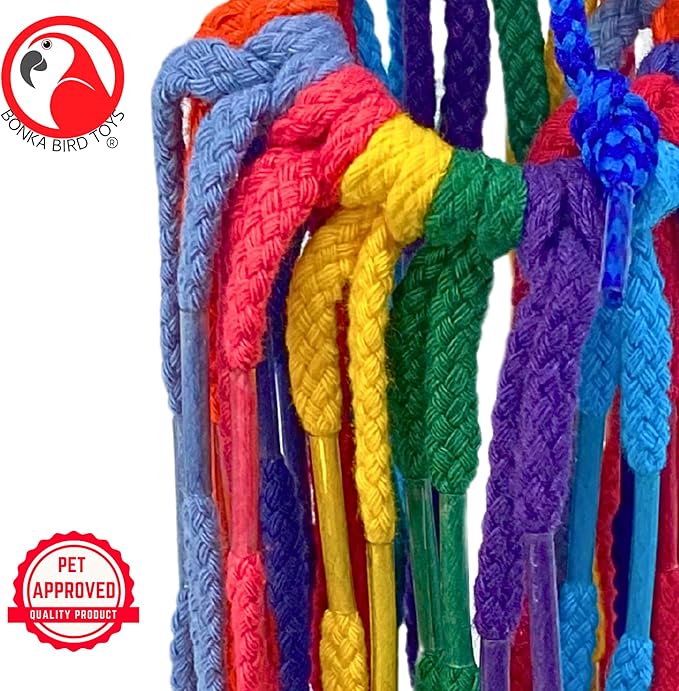 Bonka Bird Toys 51214 Small Aglet Heaven Cotton Shoelace Toy with Plastic Aglets and 2" Ring for Parakeets Cockatiels Quakers Pionus Small Bird Enrichment