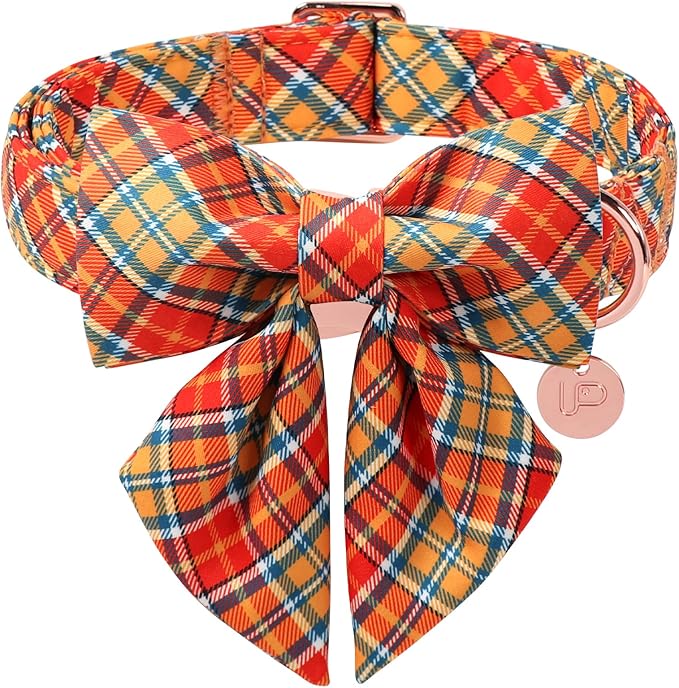 Autumn Plaid Dog Collar and Bow Tie Set – Orange Yellow Checkered Adjustable Fall Collar with Maple Leaf Charm for Small Medium Large Dogs, Soft Cotton Pet Collars with Buckle and D-Ring