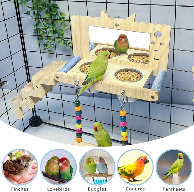 kathson Bird Perches Cage Toys with Bird Climbing Ladder Swing Mirror,Wooden Parrot Perches Platform with Feeding Cups,Parakeet Play Gyms Exercise Stands Cage Accessories for Lovebird,Budgie,Cockatiel