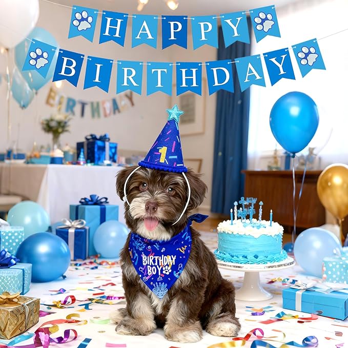 Dog Birthday Party Decorations, Adjustable Dog Bandana Set with Hat, Numbers, Banner for Pet Party Supplies Festive Accessories Large Medium Small Pet Puppy Dogs, Blue