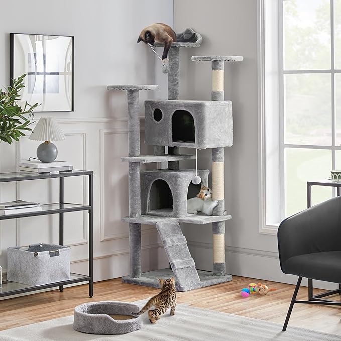 Yaheetech 70in Multi-Level Cat Tree Tall Cat Tower Cat Furniture with Condo, Scratching Posts & Dangling Ball for Indoor Cats Activity Center, Light Gray