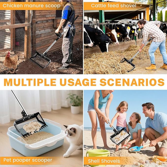 9.8×9.1in Chicken Poop Scooper, Chicken Coop Rake, Multifunctional 2 in 1 Sifting Shovel for Cow Shed Raking/Pet Waste/Yard Cleanup, Adjustable Length/Angle Coop Scoop with Ergonomic Handle (Black)