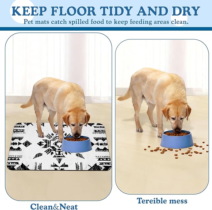 Black Boho Art Dog Food Mat–Christmas Stocking Absorbent Quick Dry Feeding Placemat for Food and Water Bowls, Non Slip Rubber Backing, Waterproof Pet Supplies for Mess-Free Eating 12"x20"