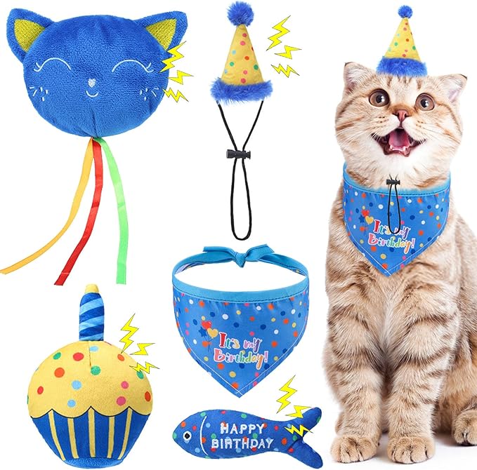 BINGPET Cat Birthday Catnip Toys for Indoor Cats, 5 Pcs Cat Birthday Gift Kitten Interactive Toy for Boy Girl Cats, Soft Plush Catmint Kitty Chew Kick Toy, Hat, Bandana, Balloon, Cake, Fish, Dark Blue