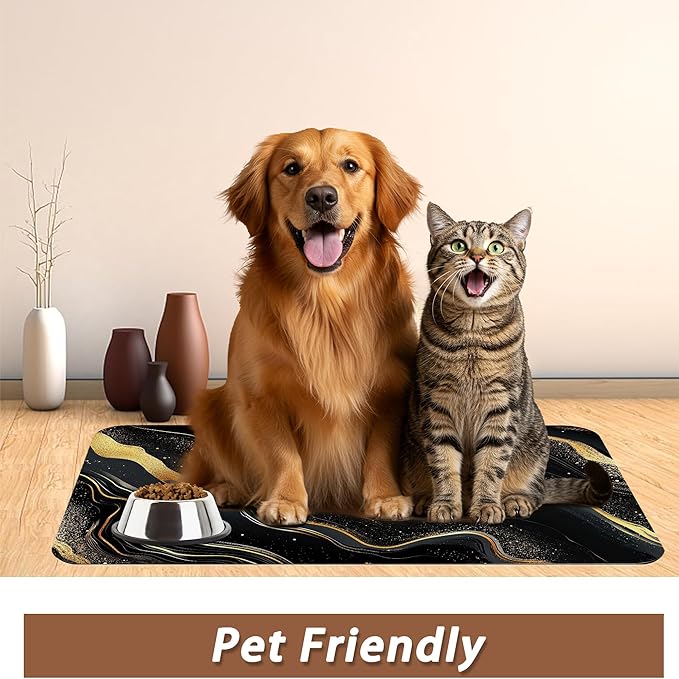 Marble Pet Feeding Mat,Black Gold Flowing Marble Absorbent Quick-Dry Cat Dog Food and Water Bowl Mats,Non-Slip Rubber Backing Mat,Cat Dog Accessories Supplies 16"x24"