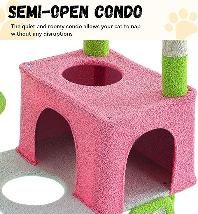 DWVO 68" Tall Cactus Cat Tree: Cats Tower with Sisal Scratching Posts, Kittens Hideout Pet House - Multi-Level Indoor Activity Center for Climbing Play, Green & Pink