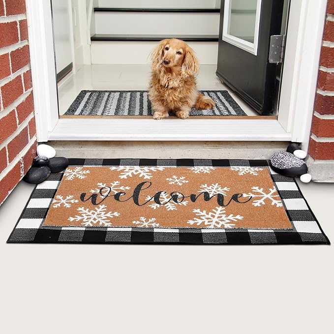 Tinideya 2 Pcs Winter Door Mat Outdoor Snowflake Welcome Mats for Front Door Non Slip Winter Coir Doormat Layering Black White Check Rug for Outside Front Porch Entryway Decor