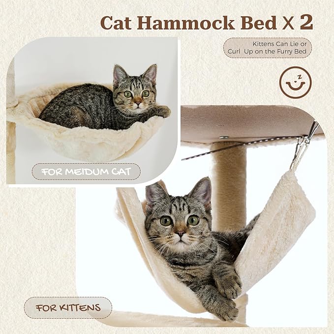 PETEPELA Floor to Ceiling Cat Tree, 92.9''-101.6''Height Adjustable Cat Tower Tall Cat Climbing Play House, Cozy Condo, Scratching Post and Spacious Hammock for Indoor Cats Large Adult, Beige