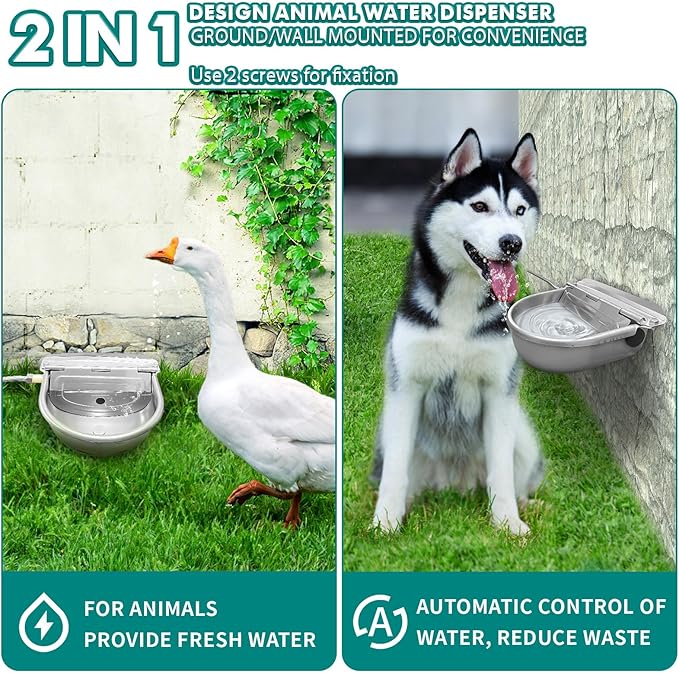Automatic Water Dispenser for Dogs, Automatic Horse Waterer Bowl with 2 Float Valve,304 Stainless Steel auto self Filling Dog Water Bowl Dispenser Outdoor Livestock Water Bowl Kit for Chicken