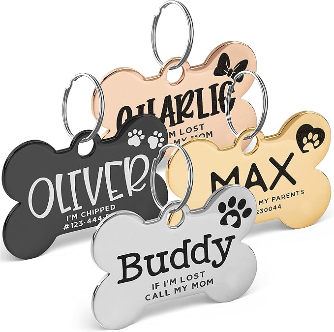 Stainless Steel Engraved Pet ID Tags for Dogs - 4 Color & 5 Shape Options, Up to 7 Lines, Personalized w/ 20 Icons, Name, Address, Phone Number #Bone