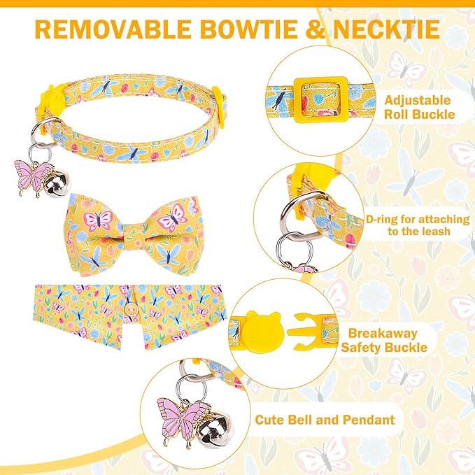 Cat Collar Breakaway with Bells, Gold Butterfly, 2 Pack Soft Butterfly Kitten Collar with Removable Shirt Collar, 8-12Inch
