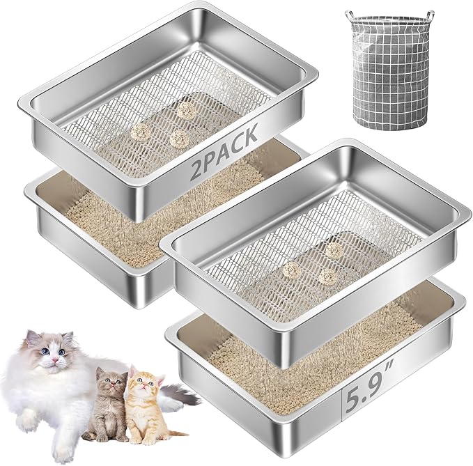 Teheao 2 Pack Stainless Steel Sifting Cat Litter Box for Clumping Litter, XL Extra Large Metal Sifter Tray Pan with Cat Litter Bag, Low Dust, Odor Control, Easy Cleaning (19.7"*13.8"*5.9")