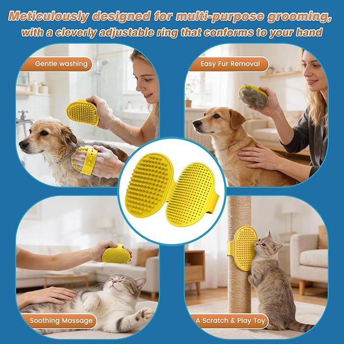 7PCS Dog Bath Brush | Pet Grooming Gloves | Storage Bag | Soothing Massage Rubber Comb with Adjustable Ring Handle | Pet Bathing for Dogs and Cats (Lavender Purple)