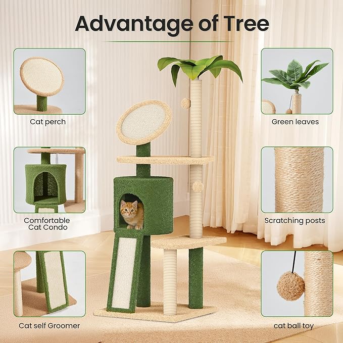 Erinnyees 57" Coconut Cat Tree for Indoor Cats, Multi Level Cat Tower with Plush Condo, Spacious Platform, Sisal-Covered Scratching Posts, Cat Activity Center with Hang Ball Toy, Pet Furniture, Green