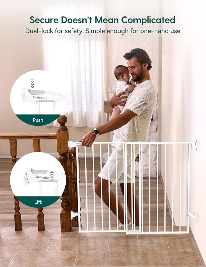 Babelio Baby Gate for Stairs, Kitchen & Doorways, No Bottom Bar| Easy Install| One-Handed Operation| Auto-Close| Hardware Mount Safety Dog Gate (White - B17, 34" H, 26-43" W-Standard 2 Pcs)