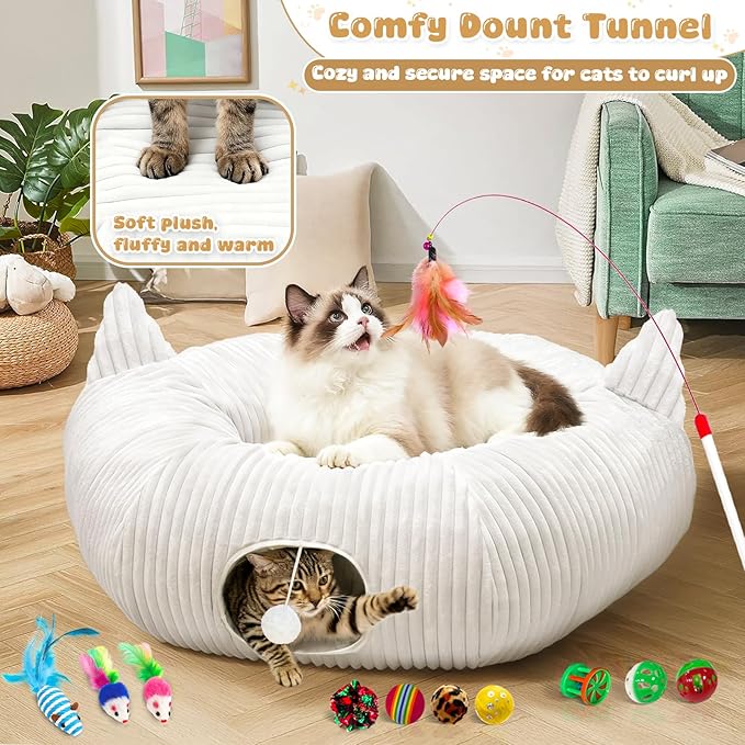OurWarm White Plush Cat Tunnel Bed Under Christmas Tree, 95cm Large Cat Tunnel Tree Skirt Xmas Decor with 11 Cat Toys, Cozy Holiday Play & Hideaway for Cats, Soft Indoor Cat Activity Center