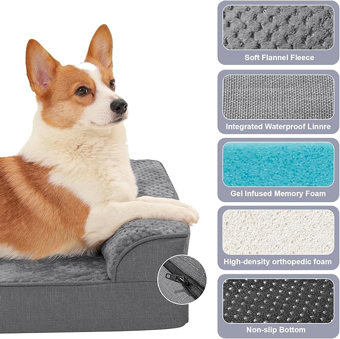 Orthopedic Dog Bed for Small and Medium Dogs, Memory Foam Pet Bed with Washable Removable Cover, Nonskid Bottom, Waterproof, for Indoor, Outdoor, Crate ＆ Car Use, 30x20x6 Inches, Dark Grey