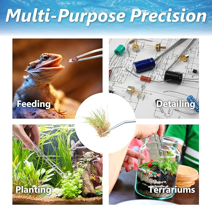 3-Piece Aquascaping Tools Set – 25cm / 9.8in Straight & Curved Long Tweezers, Scissors, Fine Tip 1mm – Aquarium Plant Care, Terrarium Tools