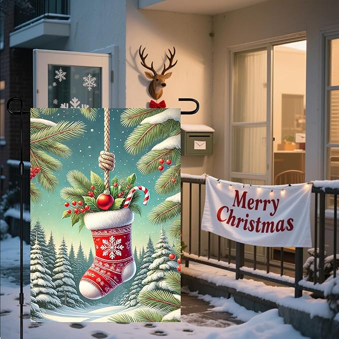 Christmas Garden Flag Christmas Stocking Garden Flag Snowflake Holiday Gardens Flags 12x18 Inch Double Sided Outdoor Decoration for Festive Season Yard Porch Lawn Display