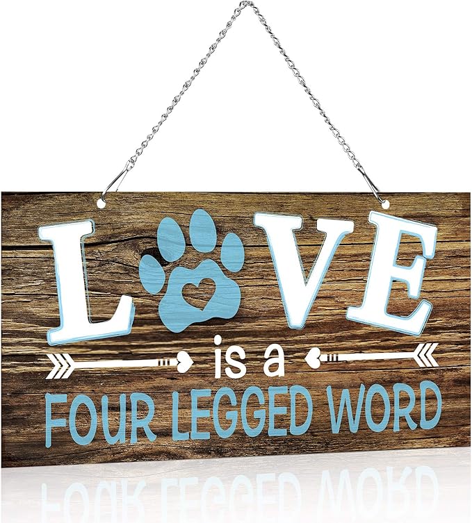 Dog Wall Decor Room Love Is a Four Legged Word Pet Paw Sign Dog Vintage Metal Hanging Decorative Signs Plaque Wall Decorative for Christmas Pet Lover Gifts Thanksgiving(10 x 5 Inch)
