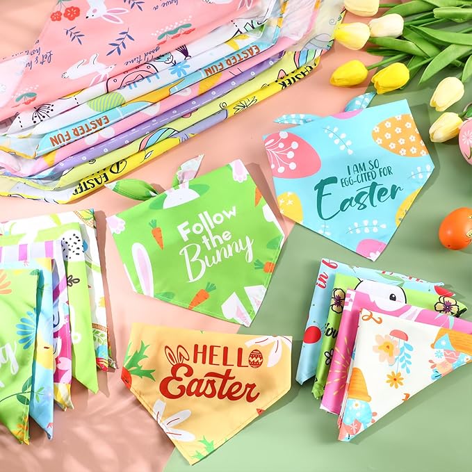 Chunful 50 Pcs Easter Dog Bandanas Bulk with Sayings Holiday Dog Bandanas Triangle Scarf Puppy Bibs Rabbit Costume Adjustable Cat Outfit Washable Bids Kerchief for Small Medium Large Pet