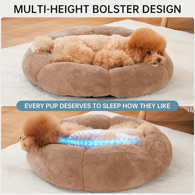 OhGeni 24 inches Calming Donut Dog & Cat Bed for Small Pets, Warming Comfort Fluffy Short Pile Fur, Durable Machine Washable, Cute Round Bed for Puppy and Kitten, Camel