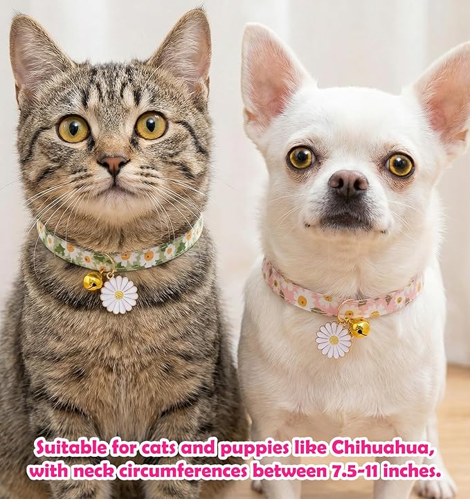 2 Pack Cat Collar Breakaway, Daisy Collar for Girl Cats, Adjustable Breakaway Cat Collars with Bell, Cute Floral Design Perfect for Female Kitten, 7.5-11 Inch, Pink & Green