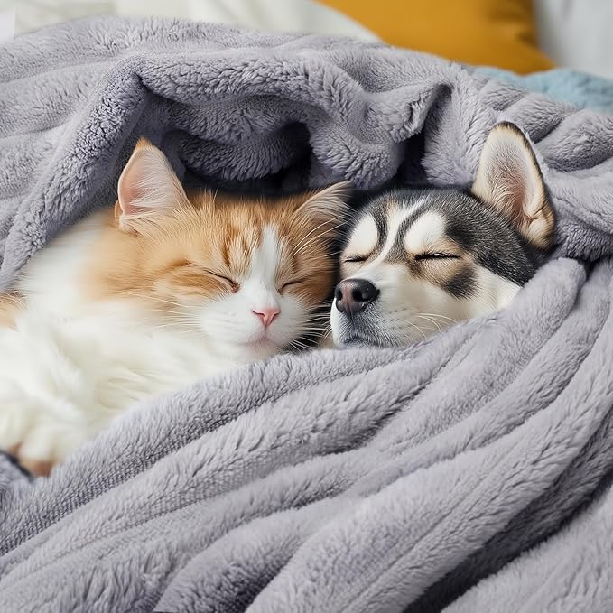 LINENLUX 1 Pack 3 Soft Fleece Dog Blanket for Pet Washable Warm Cat Puppy Fluffy Calming Flannel Grey Large
