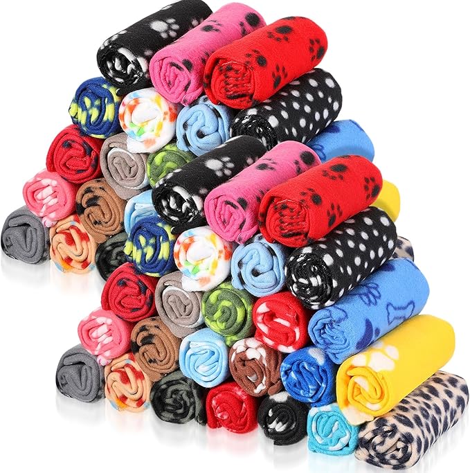 Preboun 50 Pack Puppy Blanket Bulk 24 x 28 Inch Small Soft Fleece Pets Paw Print Blanket Sleep Mat Pad Bed Cover for Kitten Dogs Cats and Other Small Animals, 25 Styles