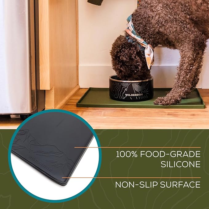 Wilderdog Silicone Pet Placemat Made with 100% Food-Grade Silicone Cone, BPA, PVC, and Phthalate-Free. Non-tocix, Dishwasher Safe Feeding mat for Bowls with Spill Catcher and Raised Mountain Logo