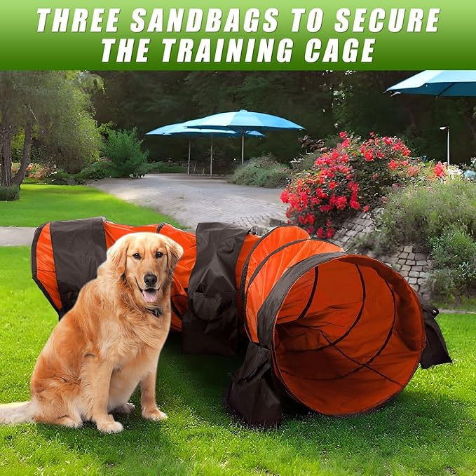 28 in 10 Foot Orange Extra Large Dog Agility Tunnel with Sandbags Dogs Agility Training Equipment Tunnel with 3 Pack Sandbags Carry Bag and 4 Ground Spikes for All Medium and Large Dogs
