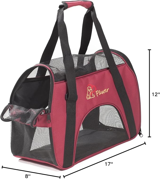 Pawer Soft-Sided Pet Carrier for Cat and Small Dog,Burgundy Color,Medium Size,Washable Cloth Airline Approved Travel Tote,with 2 Mesh Opens and a Strap for Carry,Multiple Colors Available