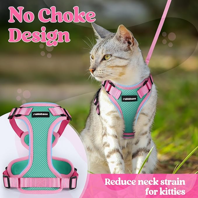 rabbitgoo Cat Harness and Leash Set, Escape Proof Soft Adjustable Vest Harnesses for Outdoor Walking, Easy Control Breathable Kitten Jacket with Reflective Strips, Green & Pink, M