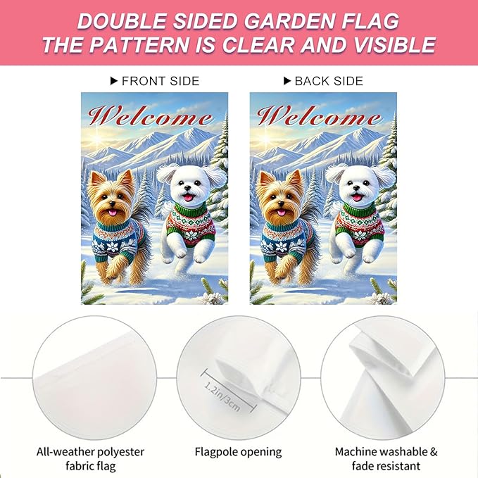 Welcome Winter Garden Flag Two Cheerful Dogs Flag Winter Sweaters 12x18 Inch Double Sided Outdoor Banner For Front Yard Porch Lawn Patio Seasonal Home Decor Pet Animal Outside