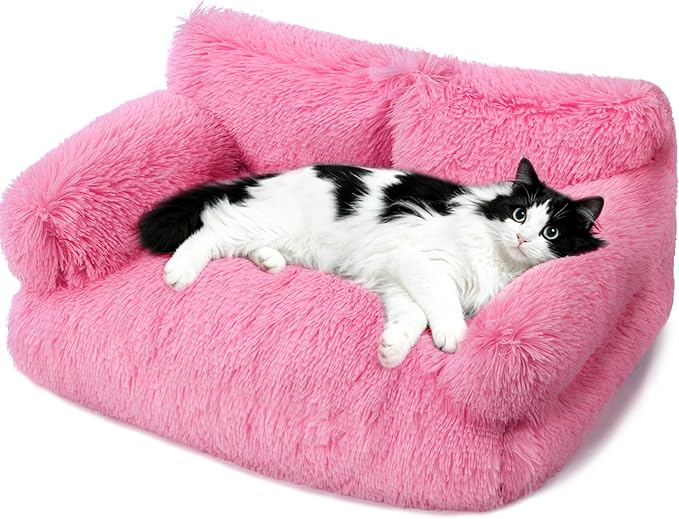 Large Cat Beds for Indoor Cats, Dog Couch Bed, Cute Cat Couch Sofas for Less 20lbs Kitten Puppy, Small Dog Sofas & Chairs with Removable Washable Cover, Soft Warm Pet Furniture, Plush Pink