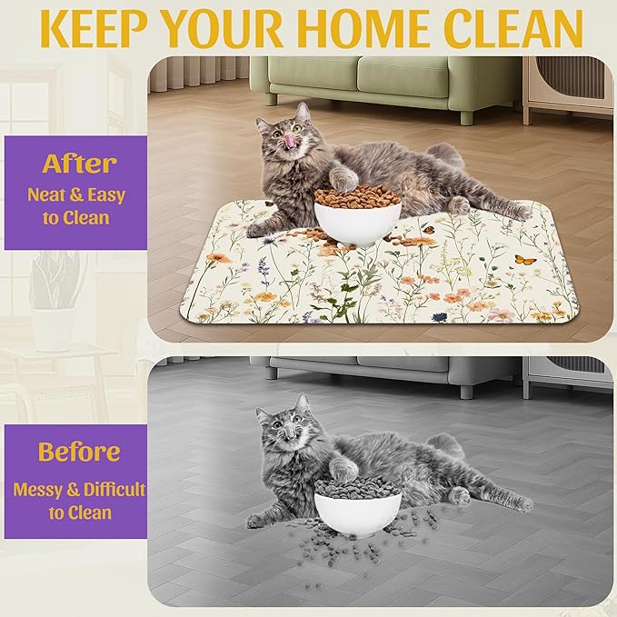Vintage Wildflowers Herbs Pet Feeding Mat, Absorbent Bowl Pad, Quick Dry, Non-Slip Base, No Stains – 12x20 Inch