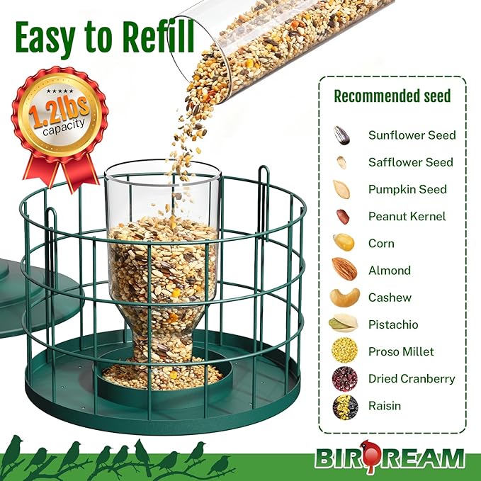 Squirrel Proof Bird Feeder, Metal Cage Bird Feeder for Outdoors Hanging, Starling Resistant Design for Small Birds, Weatherproof with Drain Holes, Easy to Refill, Green