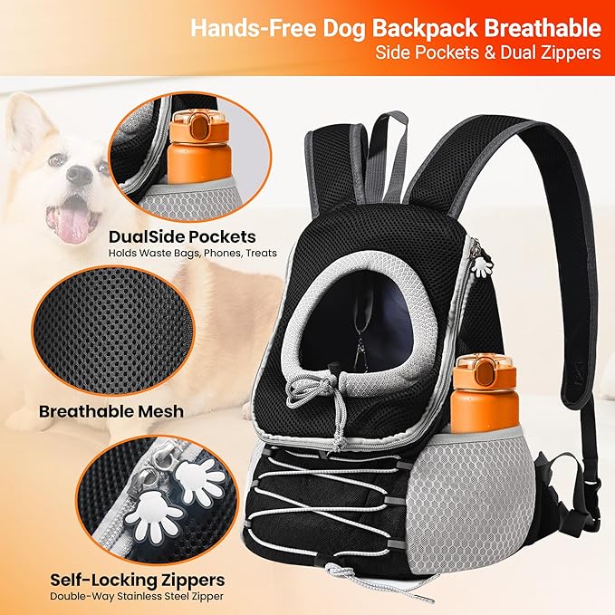 Dog Carrier Backpack for Small Dogs｜Pet Travel Shoulders Bag - Puppy Holder for Chest-Front Dog Baby Carring Ventilated for Hiking & Camping, Black Grey, S