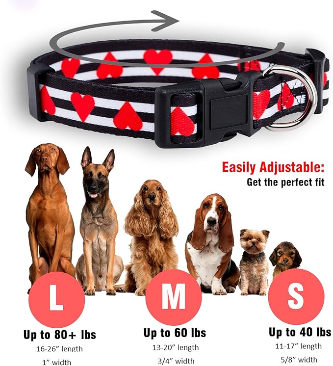 Native Pup Valentine’s Dog Collar- Valentines Day Pet Collars- Valentine Girly Hearts- Pink Red Heart- Cute Boy Girl Puppy Gift- Adjustable for Small, Medium, Large Breeds (Striped Hearts, Small)