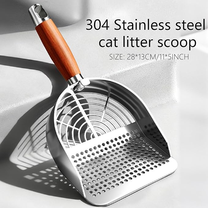 DHXYZZB Cat Litter Scoop 304 Stainless Steel Litter Shovel, Heavy Duty Litter Sifter, Litter Scooper with Wooden Handle Dual Sifting Design Perfect for Cat Litter Box Cleaning