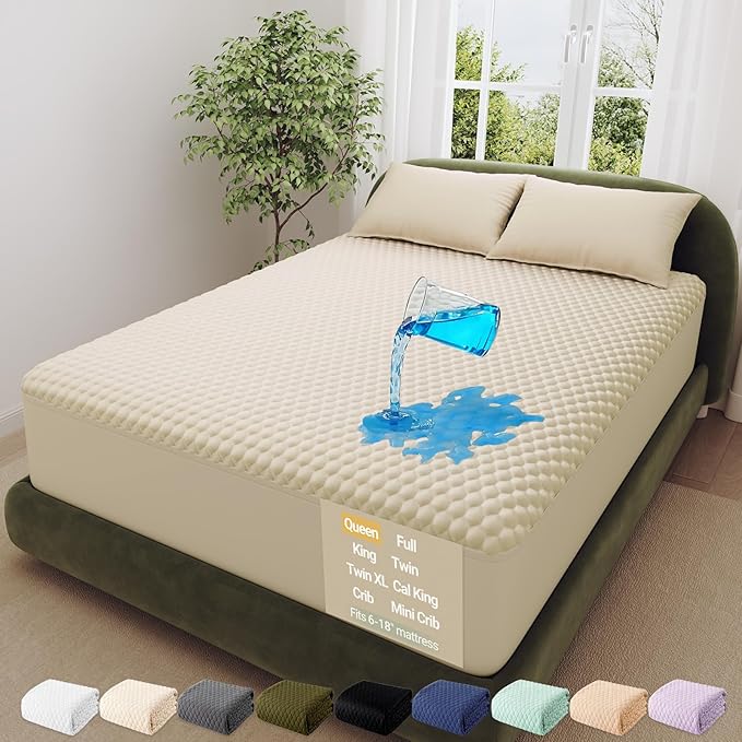 OhGeni 100% Waterproof Mattress Protector, Queen-Beige Size Mattress Pad, Fits 6"-20" Mattresses with Deep Pocket, Cooling, Breathable Fitted Sheets, Soft Bed Cover, Noiseless, Machine Washable