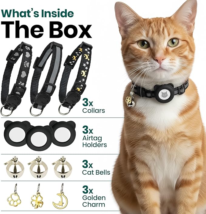 Cat Collar with AirTag Holders, 3-Pack, Reflective Breakaway Safety Collars, Bells and Matching Charms, Adjustable, Paw Hearts, Moon Stars Design, Lucky Charm, Black