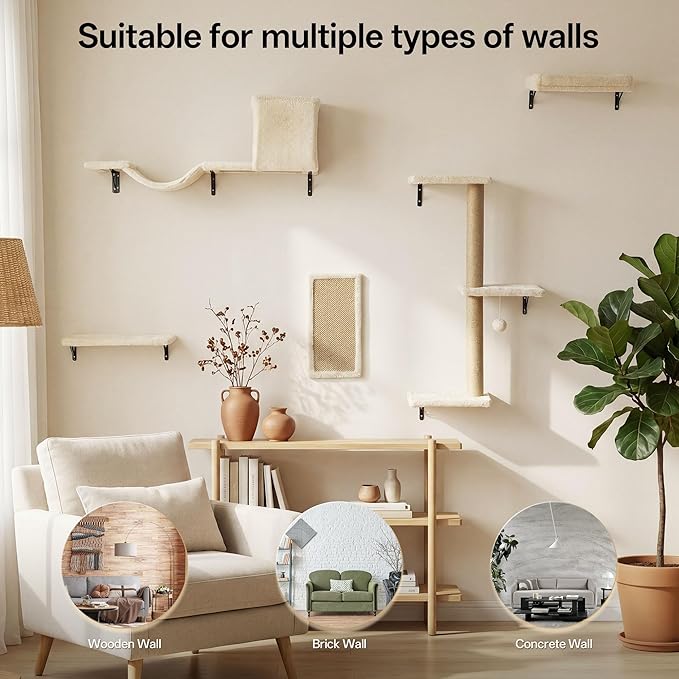 MEWANG 5-in-1 Cat Wall Shelves: Cat Climbing Furniture with Wall Mounted Perch & Lounge for Indoor Cats, Space-Saving Wall Pet Shelves for Play & Rest - Beige